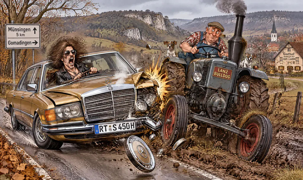 Der legendäre Crash von 2008: Mercedes 450 SEL vs. Lanz Bulldog – Die Geburtsstunde von Rock & Rollinger Rock & Rollinger Gründungslegende: Dr. Horst Rock im goldenen Mercedes 450 SEL kollidiert mit Landwirt Manfred Rollinger auf dem Lanz Bulldog